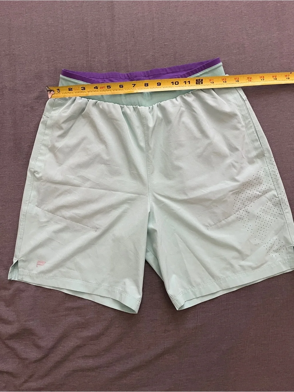 Fabletics Men's Mint Athletic Shorts with Purple Waistband